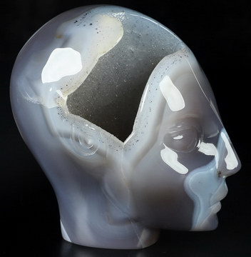 4.2" Agate Geode Hand Carved Fairy Elf Alien Crystal Skull Companion Sculpture, Crystal Healing