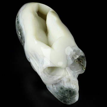 5.3" Green Moss Agate Hand Carved Crystal Elongated Mayan Alien Skull Sculpture, Crystal Healing