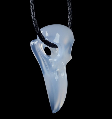 Necklace of 2.3" Blue Chalcedony Hand Carved Raven Pendant, Crystal Healing