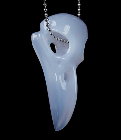 Necklace of 2.3" Blue Chalcedony Hand Carved Raven Pendant, Crystal Healing