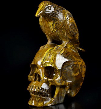 6.5" Tiger Iron Eye Hand Carved Crystal Skull and Raven Sculpture, Crystal Healing