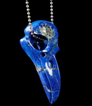 Necklace of 2.3" Lapis Lazuli Hand Carved Raven Pendant, Crystal Healing