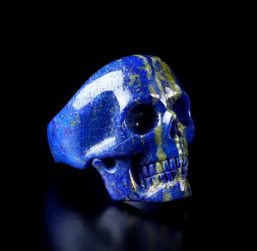 US Size 12# Gemstone Lapis Lazuli Hand Carved Crystal Skull Ring, Skull Jewelry