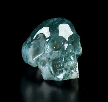 US Size 11# Green Moss Agate Hand Carved Crystal Skull Ring, Skull Jewelry