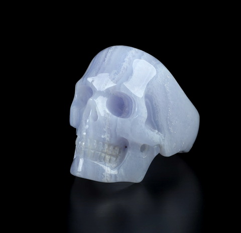 US Size 11# Gemstone Blue Lace Agate Hand Carved Crystal Skull Ring, Skull Jewelry