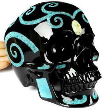Super Realistic! Lifesized 7.1" Black Obsidian Hand Carved Crystal Skull with Turquoise Inlay, Crystal Healing