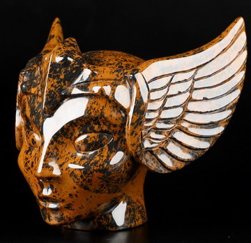 5.5"Mahogany Obsidian Hand Carved Guardian Crystal Fairy Elf Alien Skull Sculpture, Crystal Healing