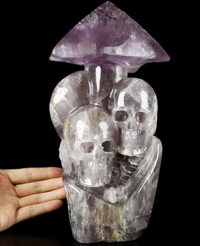 Gemstone 9.9" Amethyst Hand Carved Crystal Skull Fine Art Sculpture, Crystal Healing