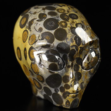 1.9" Chinese Leopard Skin Jasper Star Being Female Alien Crystal Skull Companion, Hand Carved Gemstone Fine Art Sculpture, Reiki Healing Stone Statue