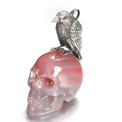 Gemstone Necklace of 1.6" Mozambique Agate Hand Carved Crystal Skull Pendant, Skull Jewelry