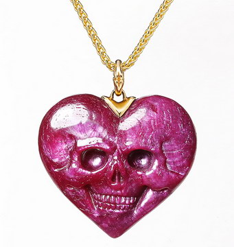 Top Quality Gemstone 1.5" Ruby Carved Crystal Skull Pendant & 18k Gold Buckle, Crystal Healing