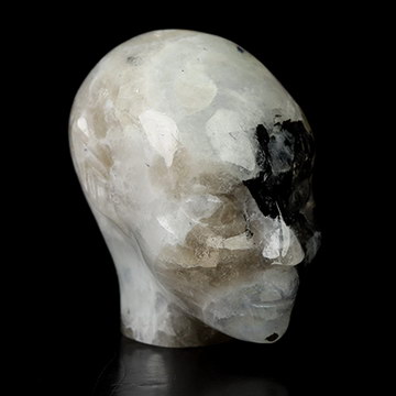 1.2" Black Tourmaline and Moonstone Hand Carved Fairy Elf Alien Crystal Skull Companion Sculpture, Crystal Healing