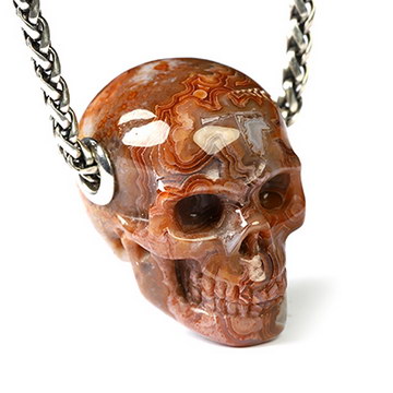 Gemstone Necklace of 1.2" Red Crazy Lace Agate Hand Carved Crystal Skull Pendant, Skull Jewelry