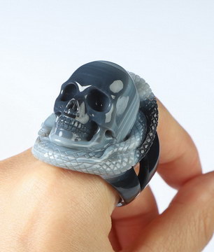 US Size 11# Gray & White Agate Hand Carved Crystal Skull Ring, Skull Jewelry