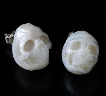  Pearl Hand Carved Crystal Skull Earrings, Skull Jewelry