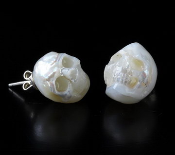 Pearl Hand Carved Crystal Skull Earrings, Skull Jewelry