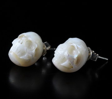  Pearl Hand Carved Crystal Skull Earrings, Skull Jewelry