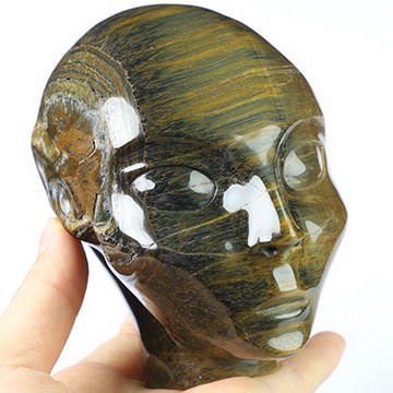 Gemstone 4.1" Blue & Gold Tiger's Eye Hand Carved Fairy Elf Alien Crystal Skull Companion Sculpture, Crystal Healing