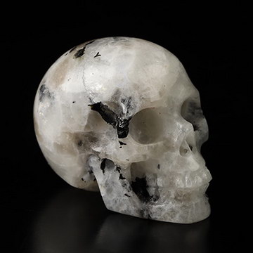 1.1" Black Tourmaline and Moonstone Hand Carved Crystal Skull, Realistic, Crystal Healing