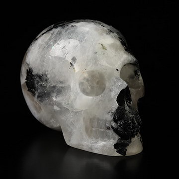 1.1" Black Tourmaline and Moonstone Hand Carved Crystal Skull, Realistic, Crystal Healing