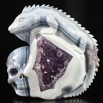 5.9" Agate Amethyst Geode Hand Carved Crystal Skull and Lizard Fine Art Sculpture, Crystal Healing