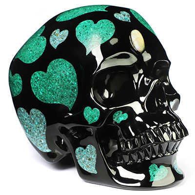 8.2" Black Obsidian with Malachite and Turquoise Inlay Hand Carved Crystal Skull, Crystal Healing
