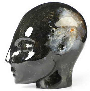 4.2" Black Zebra Agate Hand Carved Fairy Elf Alien Crystal Skull Companion Sculpture, Crystal Healing