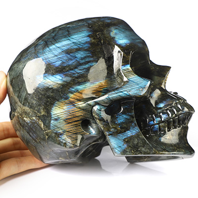 Super Realistic! Lifesized 6.8" Flash Labradorite Hand Carved Crystal Skull, Crystal Healing