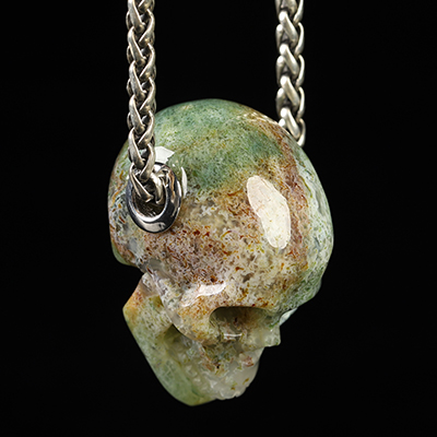 Necklace of 1.2" Green Moss Agate Hand Carved Crystal Skull Pendant, Skull Jewelry