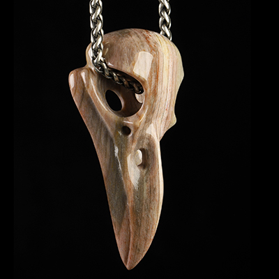 Necklace of 2.3" Petrified Wood Hand Carved Raven Crystal Skull Pendant, Crystal Healing