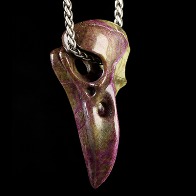 Gemstone 2.3" Stichtite and Serpentine Hand Carved Raven Crystal Skull  Sculpture, Crystal Healing
