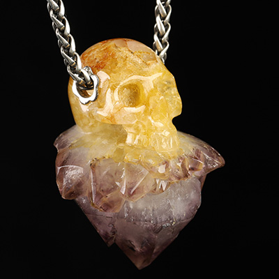 Necklace of 1.7" Agate Amethyst Druse Hand Carved Crystal Skull Pendant, Skull Jewelry