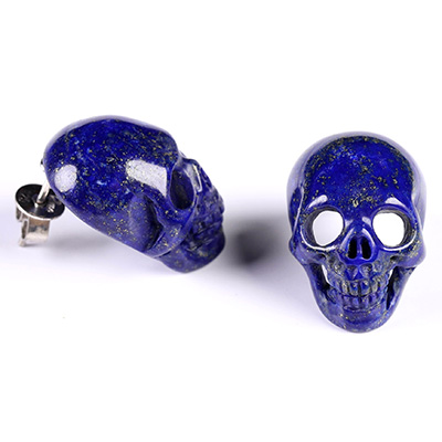 Gemstone  Lapis Lazuli Hand Carved Crystal Skull Earrings, Skull Jewelry