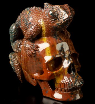5.6" Indian Agate Hand Carved Crystal Skull and Lizard Fine Art Sculpture, Crystal Healing