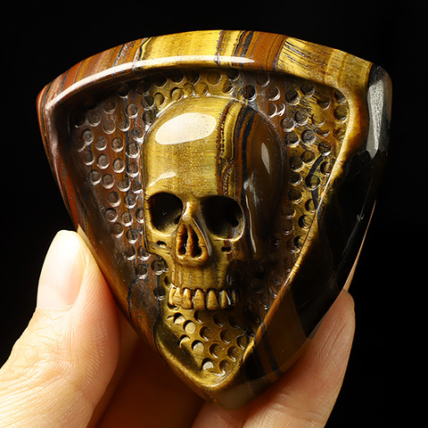 Tiger Iron Eye Hand Carved Crystal Skull Buckle, Skull Jewelry