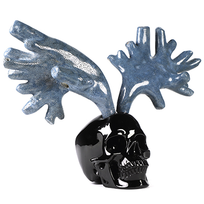 12.0" Black Obsidian and Blue Ridge Coral Hand Carved Crystal Skull Fine Art Sculpture, Crystal Healing