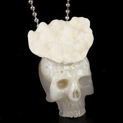 Necklace of 2.4" Agate Hand Carved Crystal Skull Pendant, Skull Jewelry