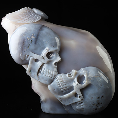 9.4" Agate Amethyst Geode Hand Carved Lovers Crystal Skull Fine Art Sculpture, Crystal Healing