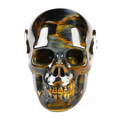 Flash Necklace of 1.2" Blue & Gold Tiger's Eye Hand Carved Crystal Skull Pendant, Skull Jewelry