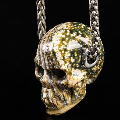 Necklace of 1.1" Ocean Jasper Hand Carved Crystal Skull Pendant, Skull Jewelry