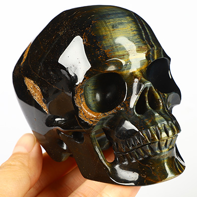 Gemstone 3.6" Blue & Gold Tiger's Eye Hand Carved Crystal Skull, Super Realistic, Crystal Healing