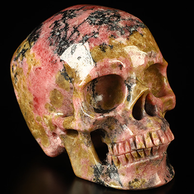 3.5" Pink & Black Rhodonite Hand Carved Crystal Skull, Super Realistic, Crystal Healing