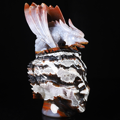 7.7" Black Zebra Agate Hand Carved Fairy Elf Alien Crystal Skull Companion with Dragon, Crystal Healing
