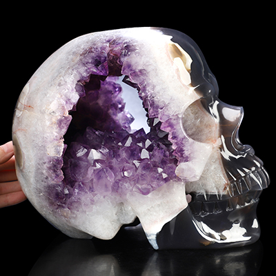 Amazing 9.4" Agate Amethyst Geode Hand Carved Crystal Skull, Crystal Healing
