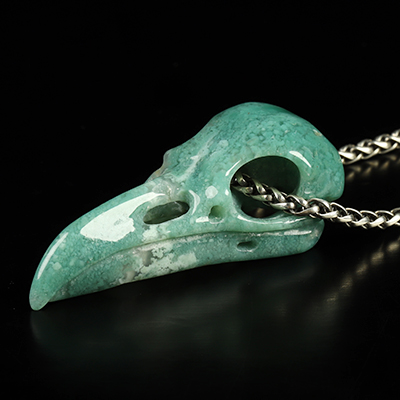 Necklace of 2.1" New Chrysoprase Hand Carved Crystal Skull Pendant, Skull Jewelry