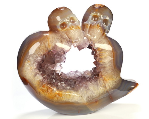 7.7" Agate Amethyst Geode Hand Carved Crystal Skulls Fine Art Sculpture, Crystal Healing