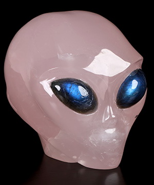 4.0" Rose Quartz Star Being Female Alien Crystal Skull Companion With Labradorite Eyes, Hand Carved Gemstone Fine Art Sculpture, Reiki Healing Stone Statue