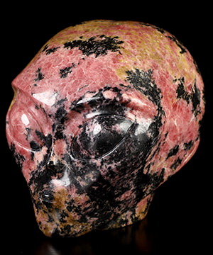 4.1" Pink & Black Rhodonite Star Being Female Alien Crystal Skull Companion, Hand Carved Gemstone Fine Art Sculpture, Reiki Healing Stone Statue