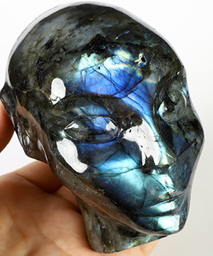 4.1" Flash Labradorite Hand Carved Fairy Elf Alien Crystal Skull Companion Sculpture, Crystal Healing