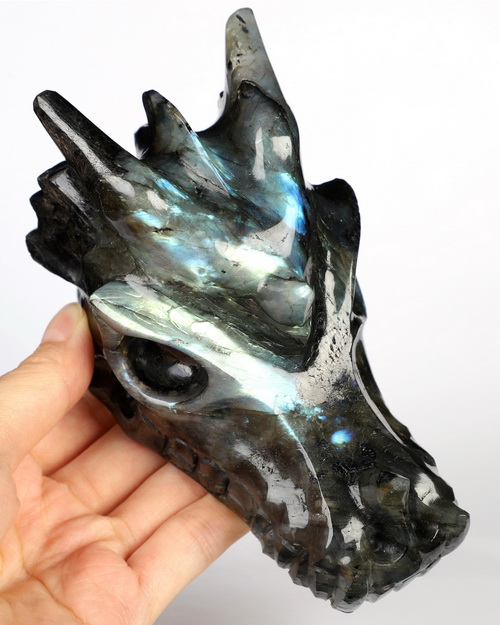 4.9" Labradorite Hand Carved Crystal Dragon Skull Sculpture, Crystal Healing